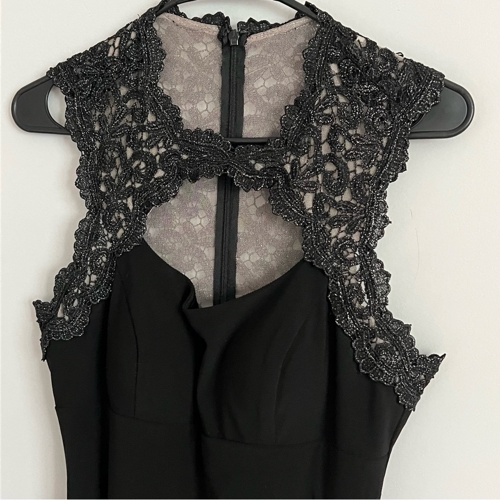 Xscape Black Crochet Back Ruche Draped Fitted Cocktail Dress - Picture 5 of 11